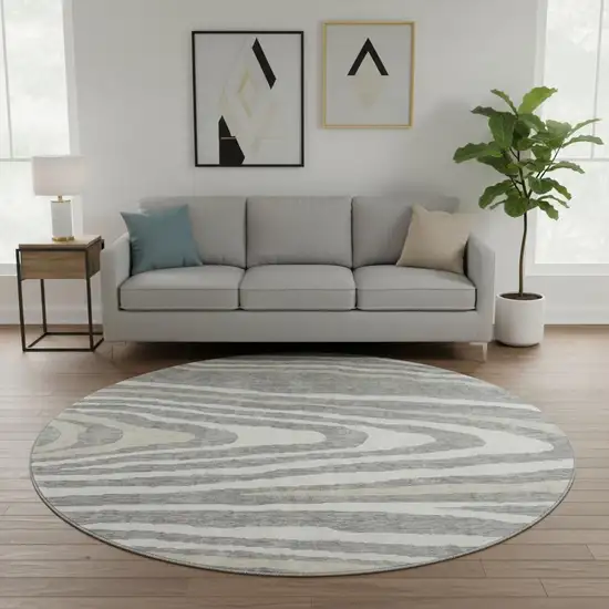 8' Gray Beige And Ivory Woodland Lodge Washable Round Rug With UV Protection Photo 2