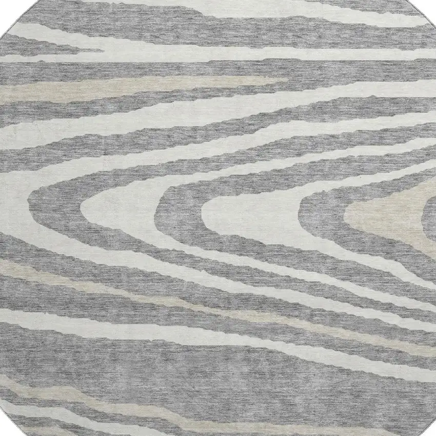 8' Gray Beige And Ivory Woodland Lodge Washable Round Rug With UV Protection Photo 2
