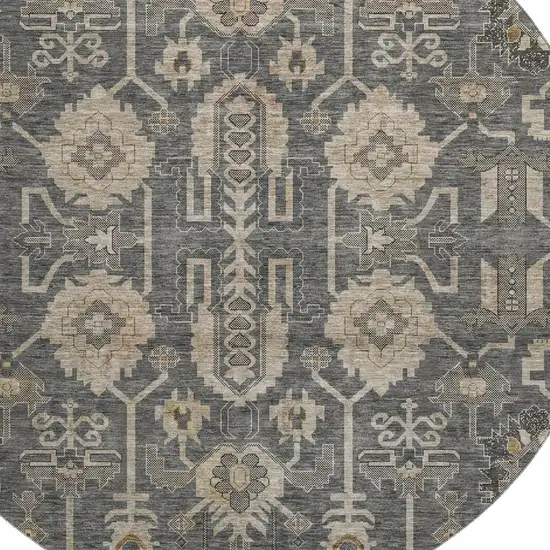 8' Gray Beige And Silver Oriental Washable Round Rug With UV Protection Photo 3