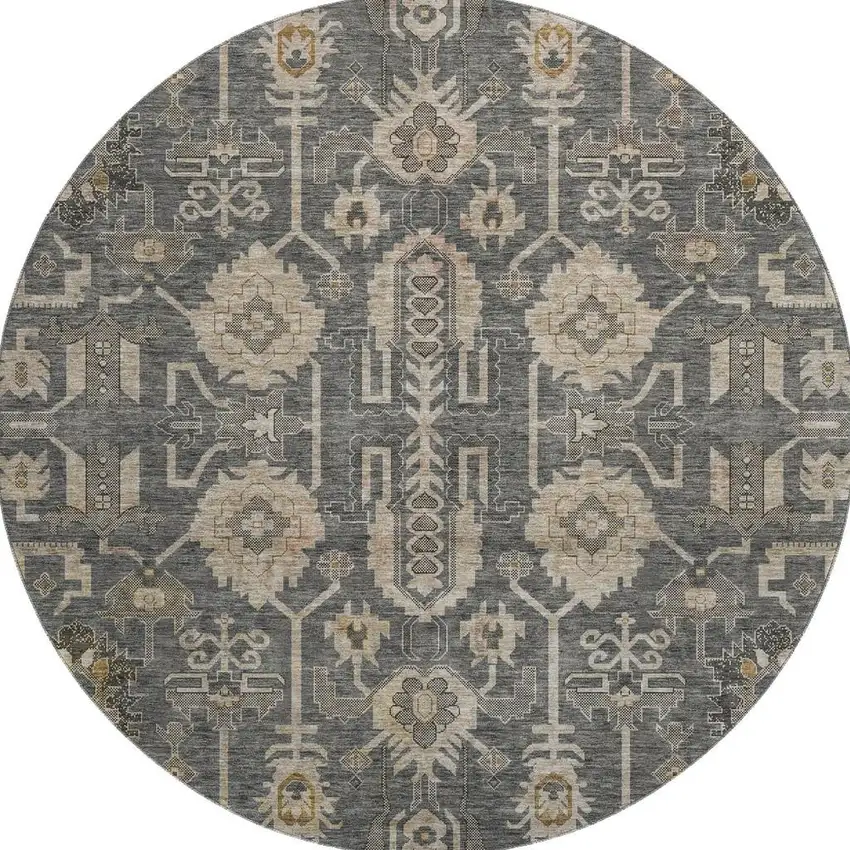 8' Gray Beige And Silver Oriental Washable Round Rug With UV Protection Photo 4