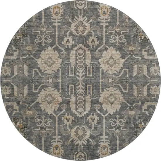 8' Gray Beige And Silver Oriental Washable Round Rug With UV Protection Photo 1