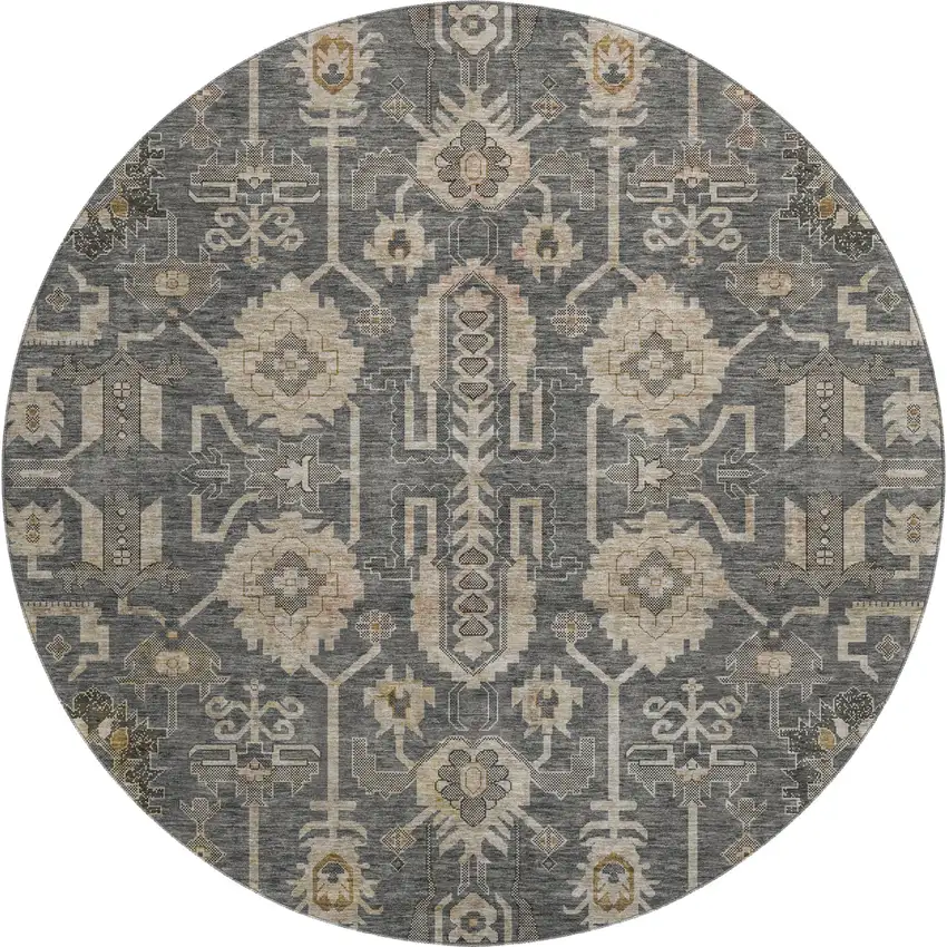 8' Gray Beige And Silver Oriental Washable Round Rug With UV Protection Photo 1