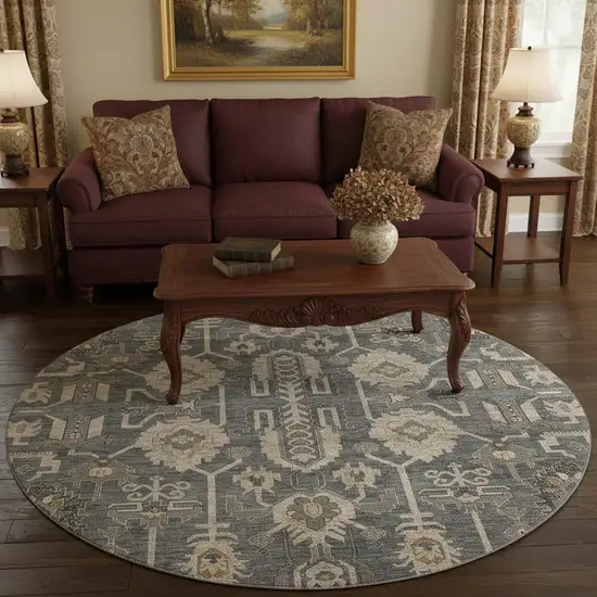 8' Gray Beige And Silver Oriental Washable Round Rug With UV Protection Photo 2