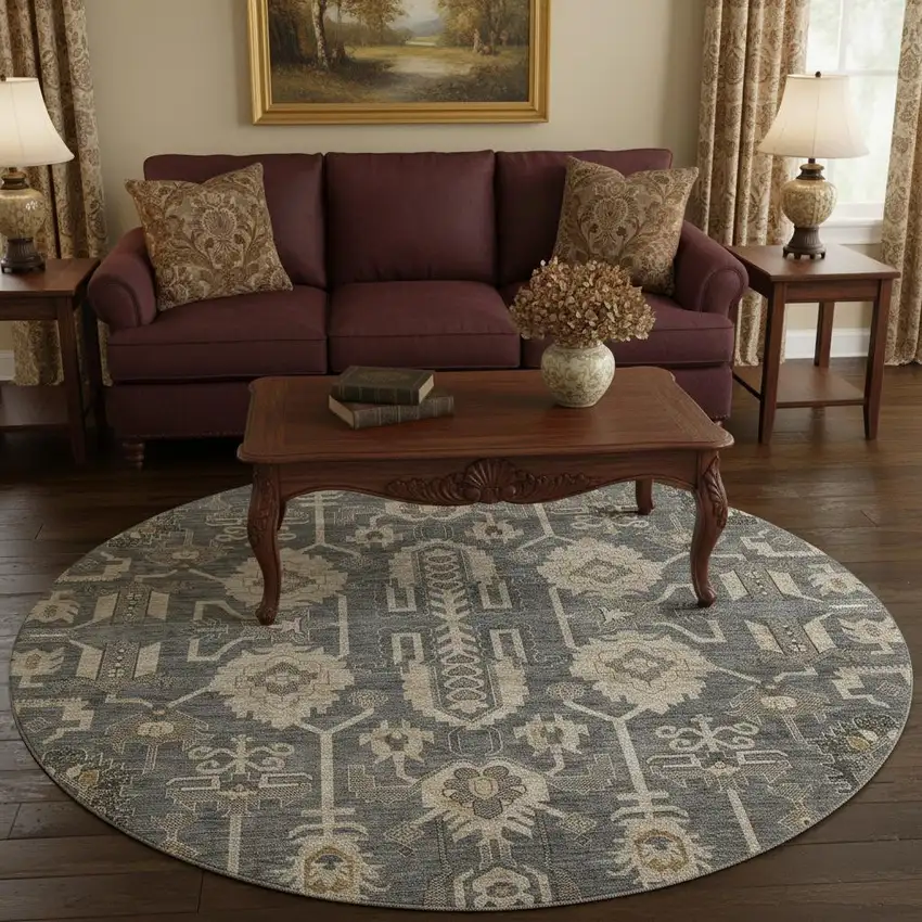 8' Gray Beige And Silver Oriental Washable Round Rug With UV Protection Photo 2
