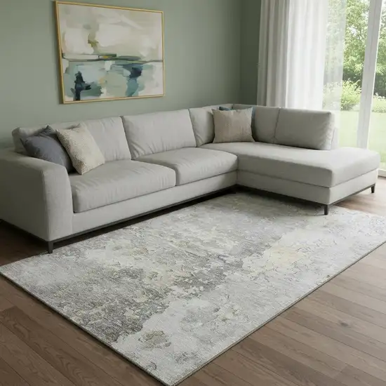 8' Gray Beige And Tan Abstract Washable Area Rug With UV Protection Photo 2