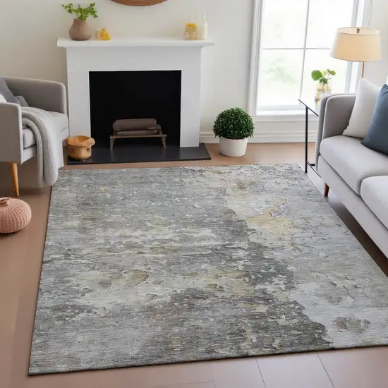 8' Gray Beige And Tan Abstract Washable Area Rug With UV Protection Photo 4