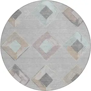 Photo of 8' Gray Beige And Taupe Round Geometric Washable Indoor Outdoor Area Rug