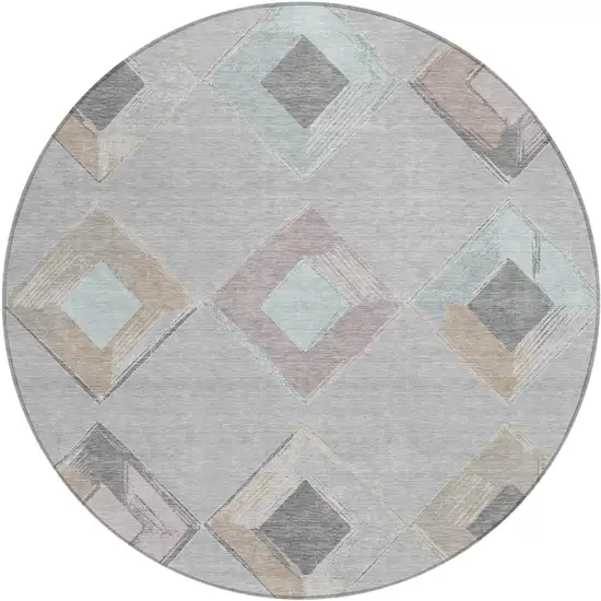 8' Gray Beige And Taupe Round Geometric Washable Indoor Outdoor Area Rug Photo 1