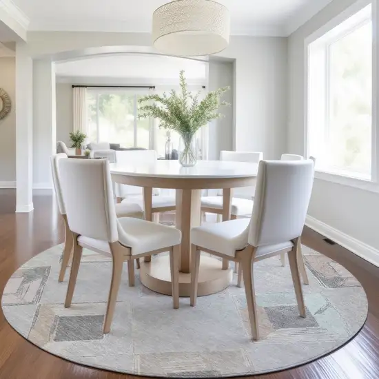 8' Gray Beige And Taupe Round Geometric Washable Indoor Outdoor Area Rug Photo 7