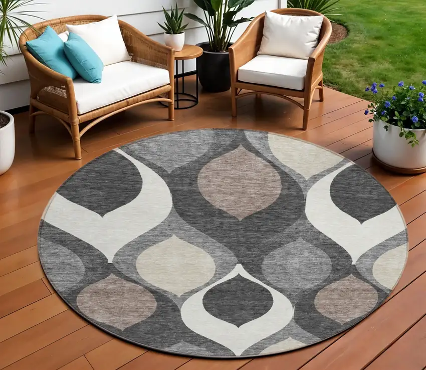 8' Gray Beige And Taupe Round Ogee Washable Indoor Outdoor Area Rug Photo 1