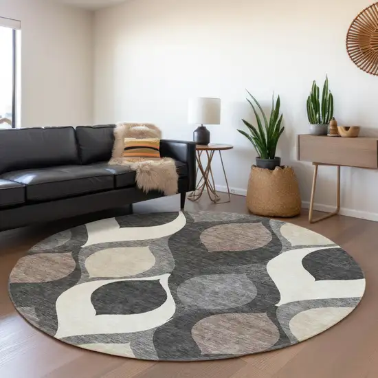 8' Gray Beige And Taupe Round Ogee Washable Indoor Outdoor Area Rug Photo 7