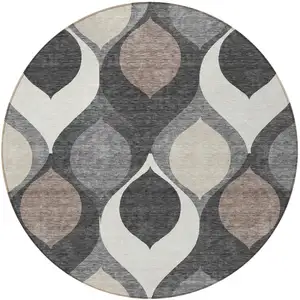 Photo of 8' Gray Beige And Taupe Round Ogee Washable Indoor Outdoor Area Rug