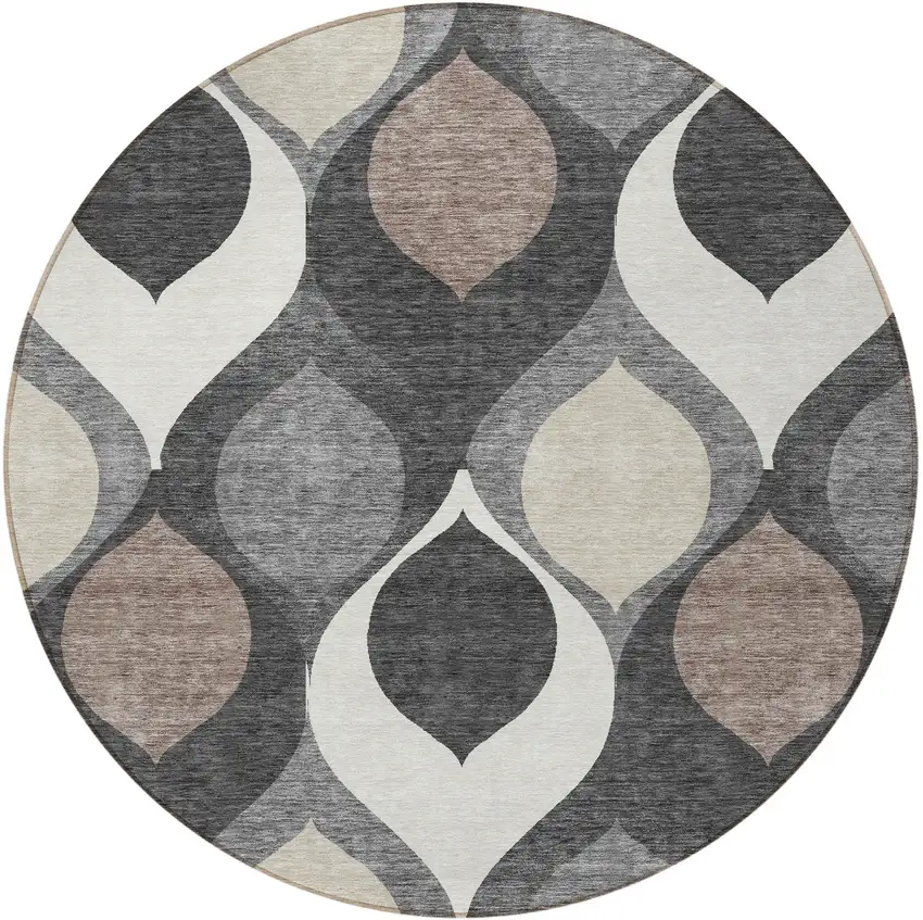 8' Gray Beige And Taupe Round Ogee Washable Indoor Outdoor Area Rug Photo 5