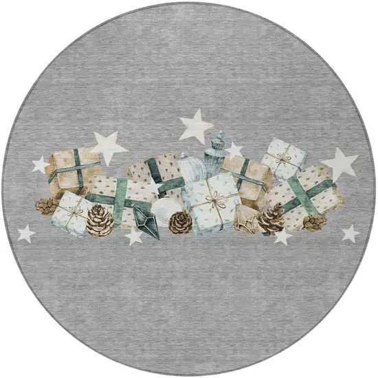 8' Gray Beige Ivory And Taupe Round Geometric Washable Indoor Outdoor Area Rug Photo 4