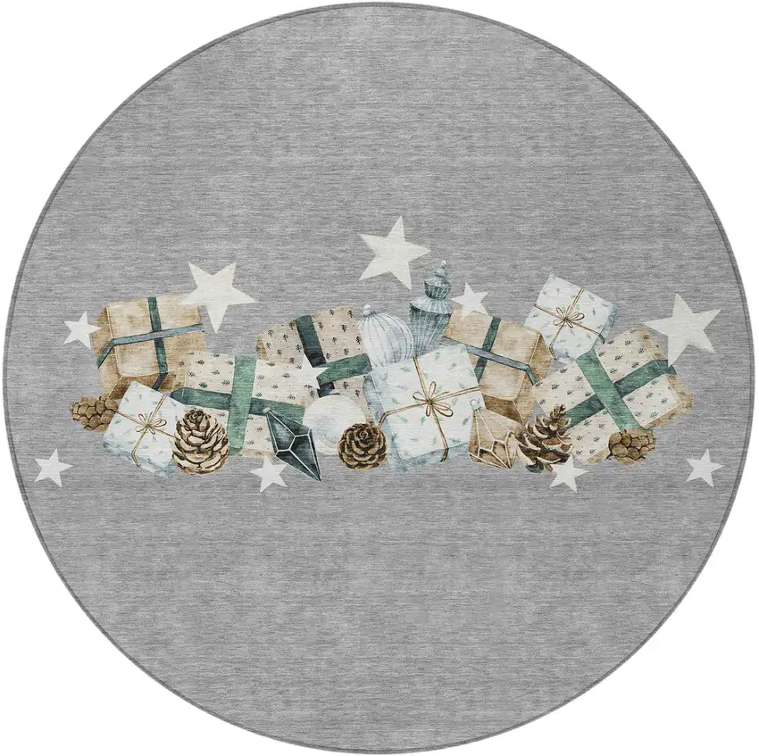 8' Gray Beige Ivory And Taupe Round Geometric Washable Indoor Outdoor Area Rug Photo 4