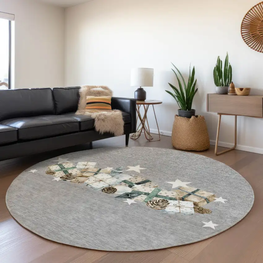 8' Gray Beige Ivory And Taupe Round Geometric Washable Indoor Outdoor Area Rug Photo 7