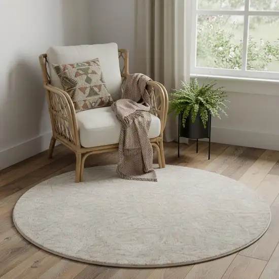 5' Gray Beige and Blue Geometric Distressed Round Rug Photo 1