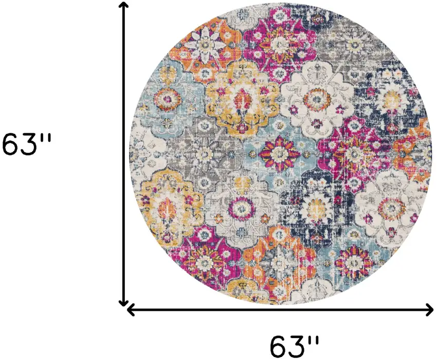 5' Gray Beige and Blue Geometric Distressed Round Rug Photo 3
