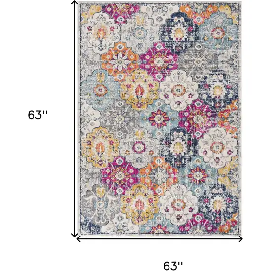 5' Gray Beige and Blue Geometric Distressed Round Rug Photo 2