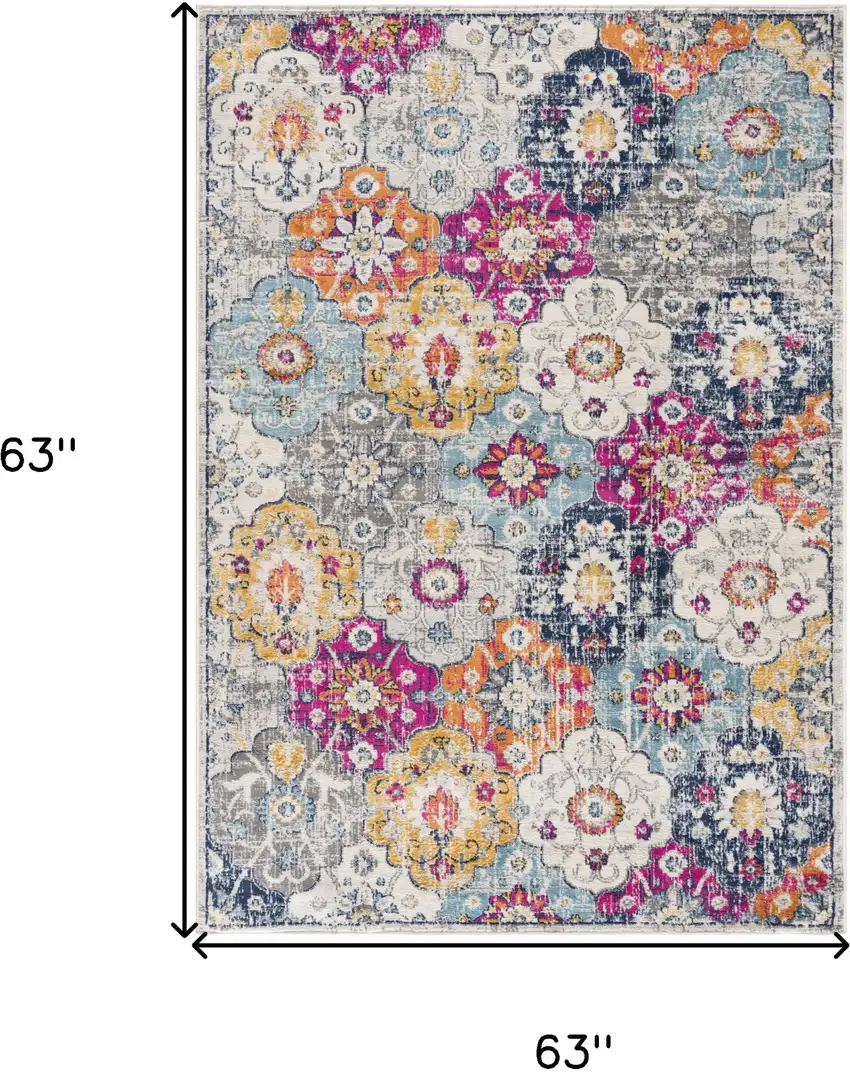 5' Gray Beige and Blue Geometric Distressed Round Rug Photo 2