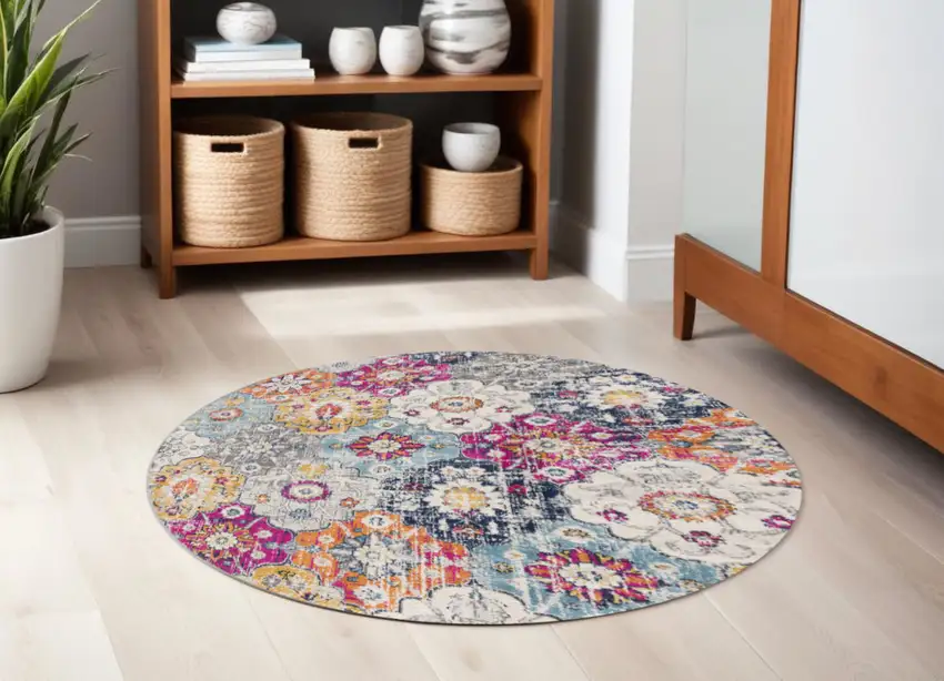 5' Gray Beige and Blue Geometric Distressed Round Rug Photo 1
