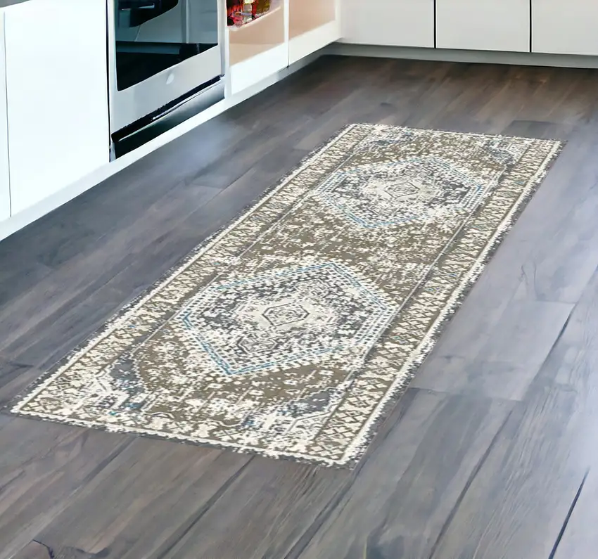 8' Gray Beige and Blue Geometric Distressed Runner Rug With Fringe Photo 2