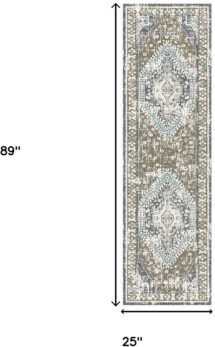 8' Gray Beige and Blue Geometric Distressed Runner Rug With Fringe Photo 4