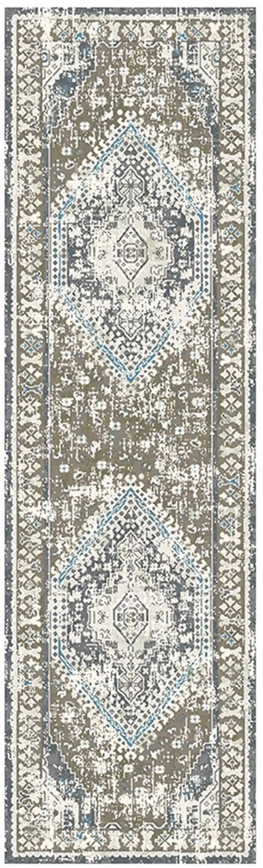 8' Gray Beige and Blue Geometric Distressed Runner Rug With Fringe Photo 1