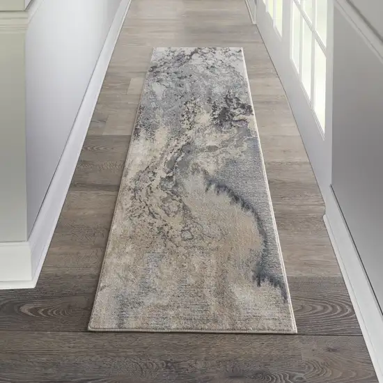 8' Gray Beige and Ivory Abstract Non Skid Runner Rug Photo 4