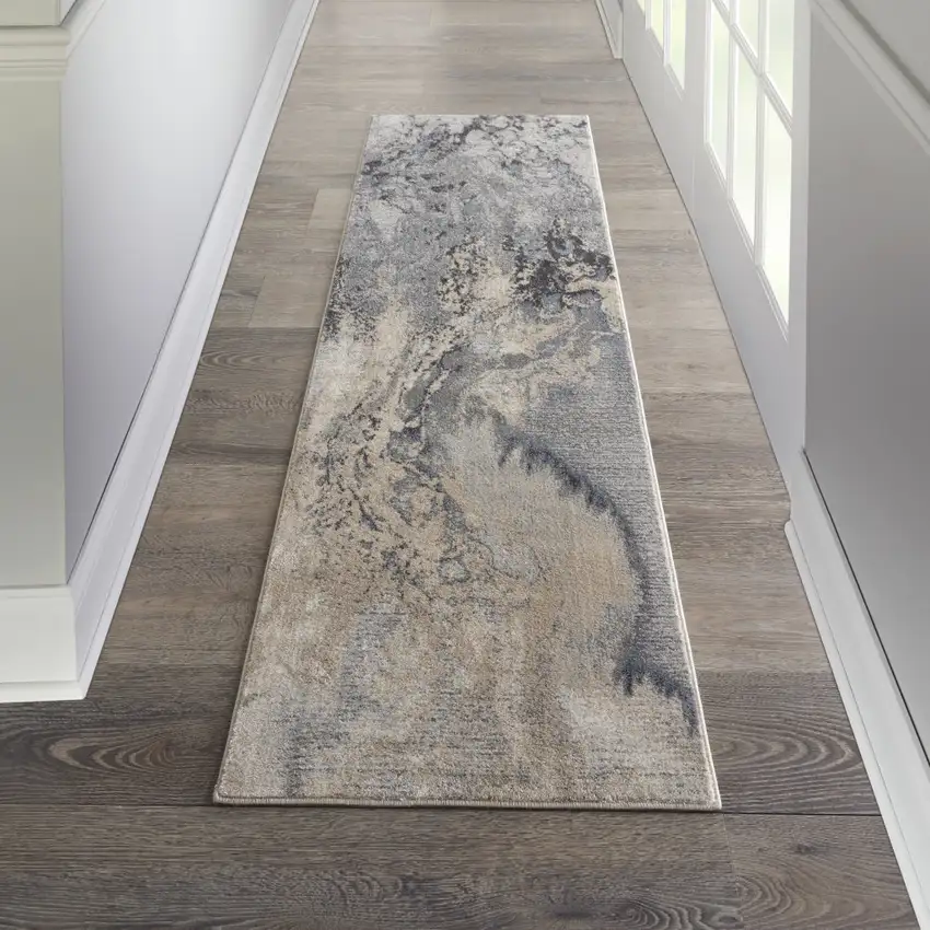 8' Gray Beige and Ivory Abstract Non Skid Runner Rug Photo 4