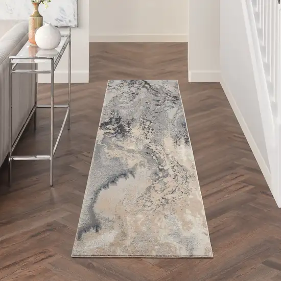 10' Gray Beige and Ivory Abstract Non Skid Runner Rug Photo 4