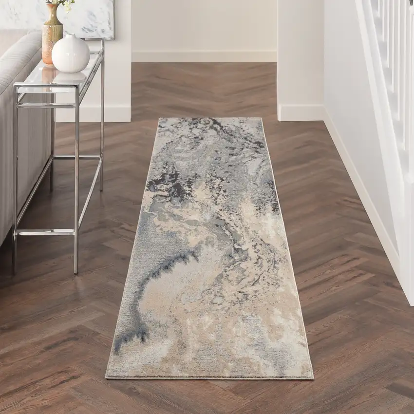 10' Gray Beige and Ivory Abstract Non Skid Runner Rug Photo 4