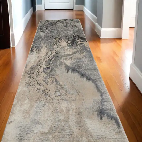 10' Gray Beige and Ivory Abstract Non Skid Runner Rug Photo 2