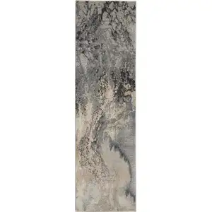 Photo of 12' Gray Beige and Ivory Abstract Non Skid Runner Rug