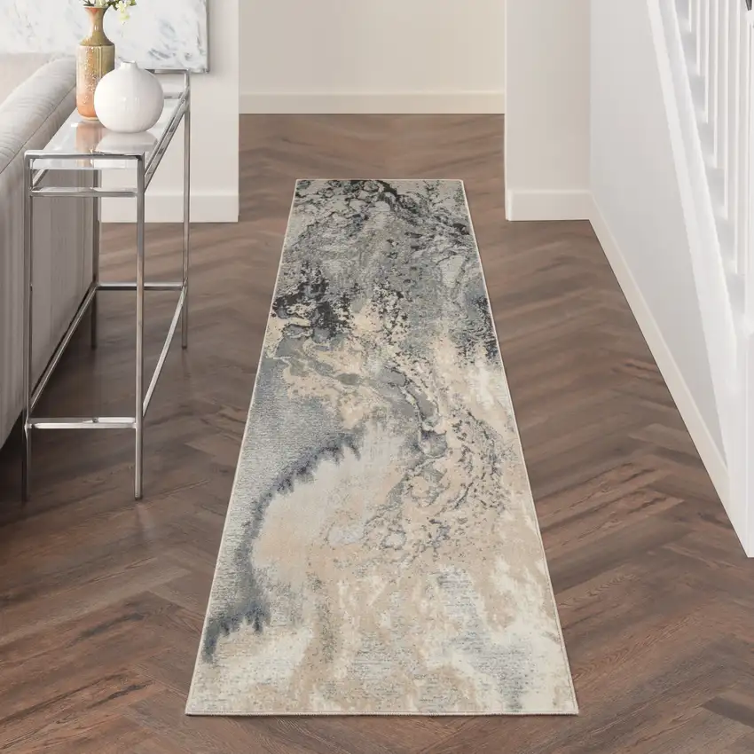 12' Gray Beige and Ivory Abstract Non Skid Runner Rug Photo 6