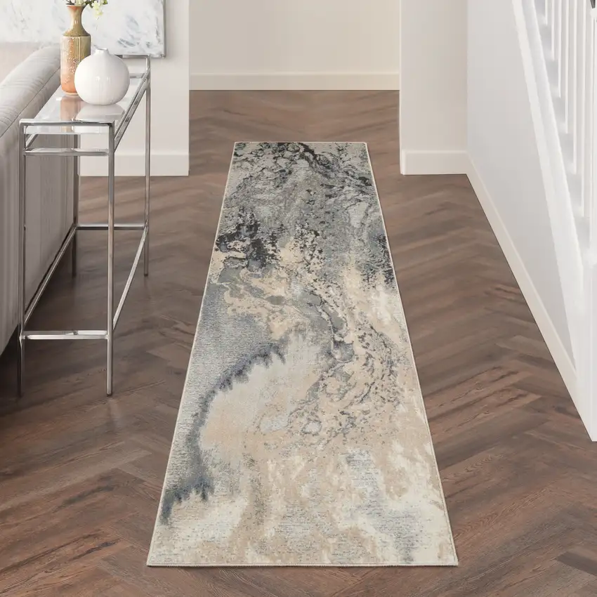 12' Gray Beige and Ivory Abstract Non Skid Runner Rug Photo 5