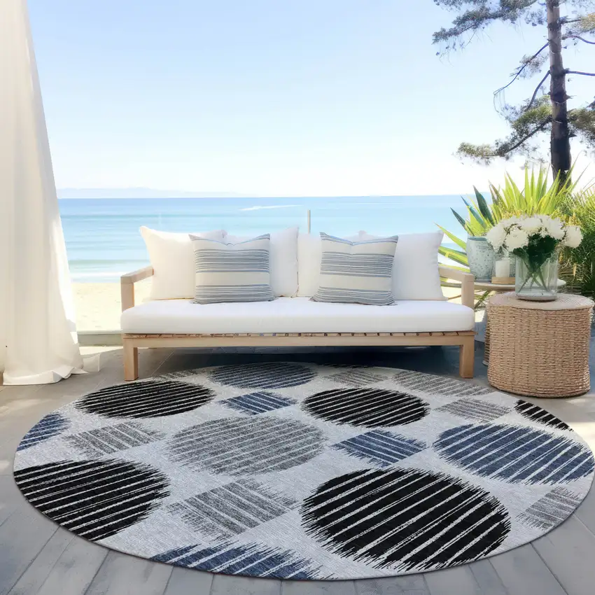 8' Gray Black And Blue Round Geometric Washable Indoor Outdoor Area Rug Photo 7