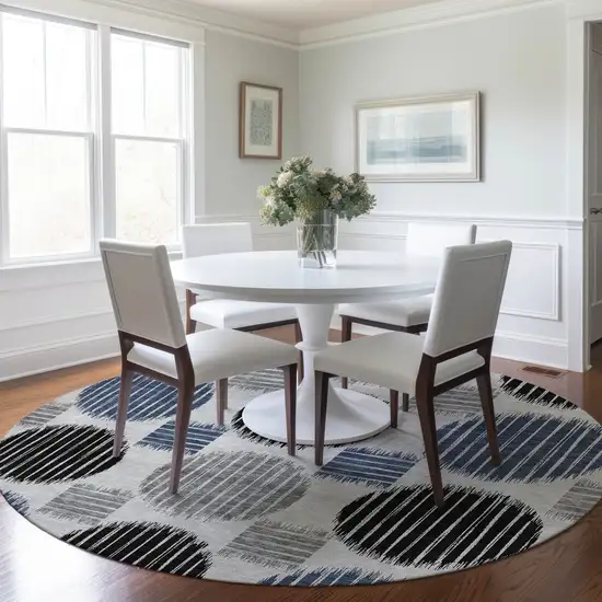 8' Gray Black And Blue Round Geometric Washable Indoor Outdoor Area Rug Photo 8