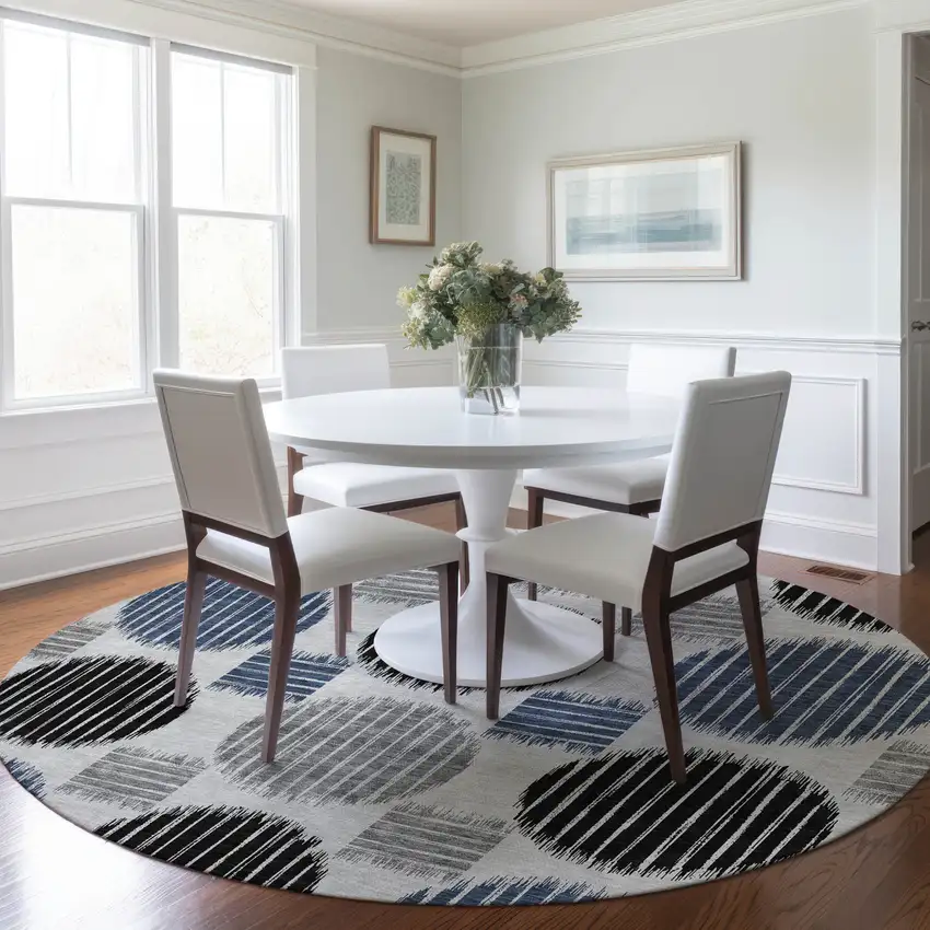 8' Gray Black And Blue Round Geometric Washable Indoor Outdoor Area Rug Photo 8