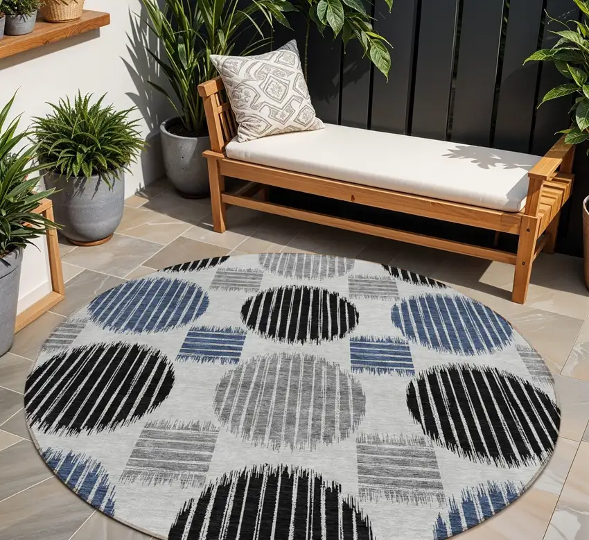 8' Gray Black And Blue Round Geometric Washable Indoor Outdoor Area Rug Photo 1