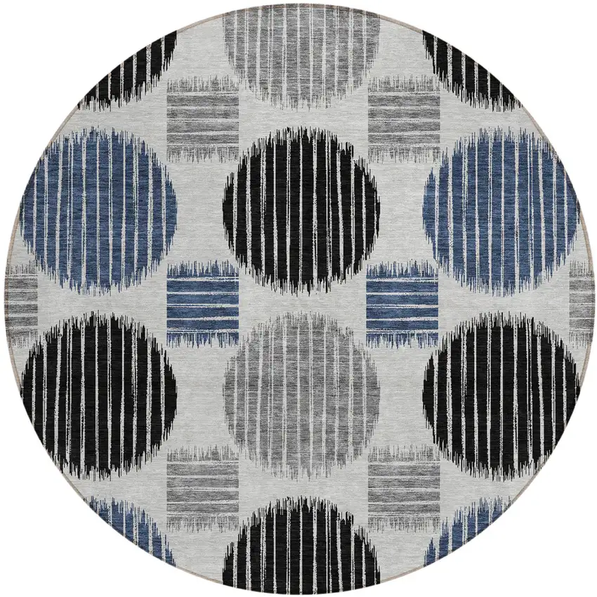 8' Gray Black And Blue Round Geometric Washable Indoor Outdoor Area Rug Photo 2
