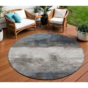 Photo of 8' Gray Black And Brown Round Abstract Washable Indoor Outdoor Area Rug
