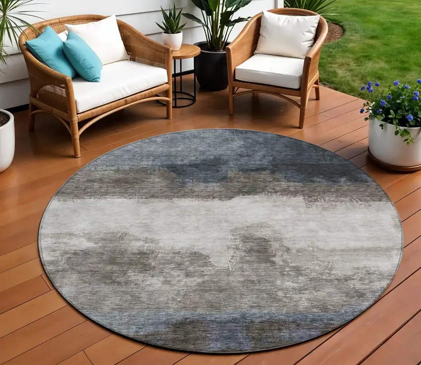 8' Gray Black And Brown Round Abstract Washable Indoor Outdoor Area Rug Photo 1