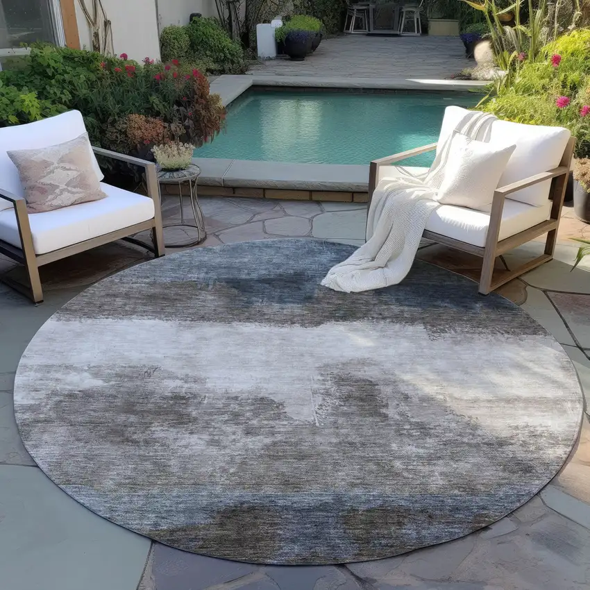 8' Gray Black And Brown Round Abstract Washable Indoor Outdoor Area Rug Photo 7