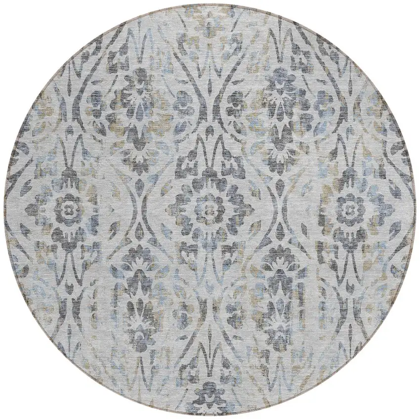 8' Gray Black And Green Round Floral Washable Indoor Outdoor Area Rug Photo 6