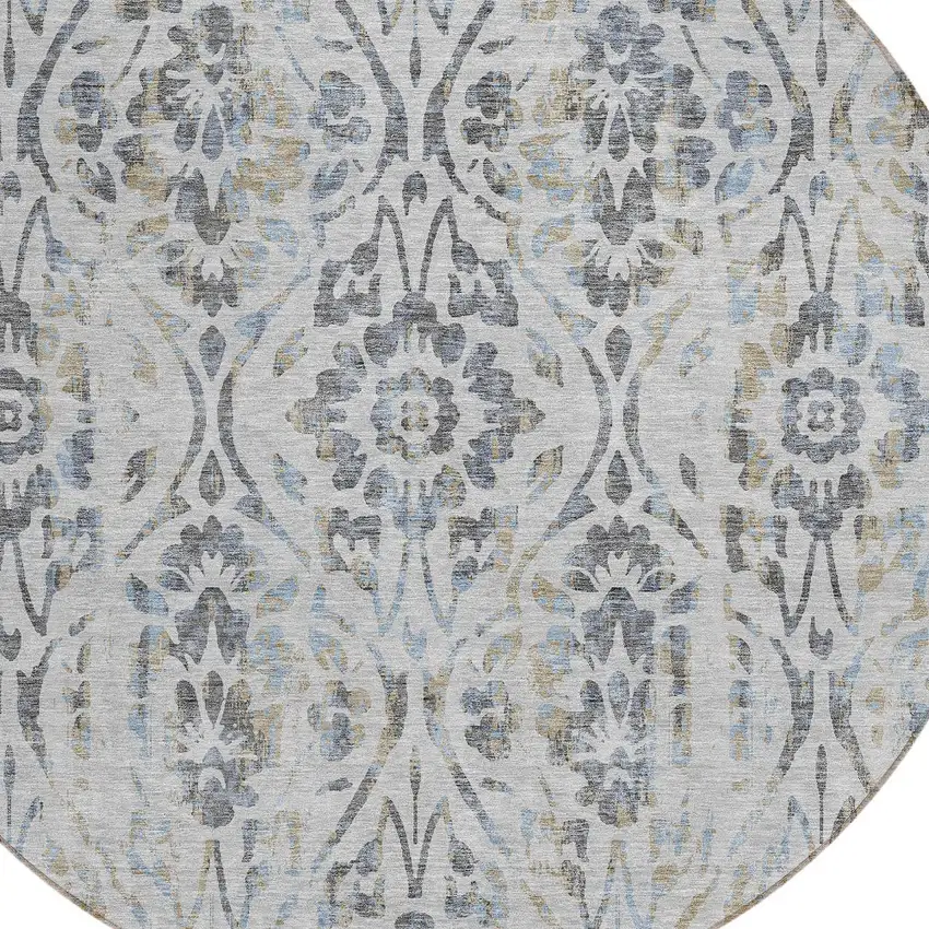 8' Gray Black And Green Round Floral Washable Indoor Outdoor Area Rug Photo 5