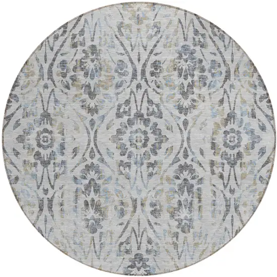 8' Gray Black And Green Round Floral Washable Indoor Outdoor Area Rug Photo 2