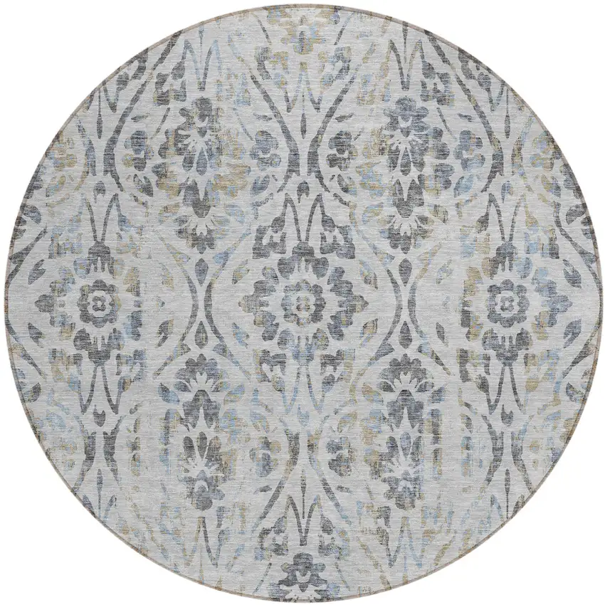 8' Gray Black And Green Round Floral Washable Indoor Outdoor Area Rug Photo 2