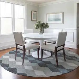 Photo of 8' Gray Black And Green Round Geometric Washable Indoor Outdoor Area Rug