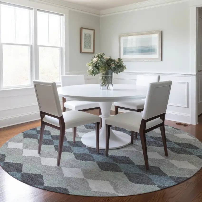 8' Gray Black And Green Round Geometric Washable Indoor Outdoor Area Rug Photo 7